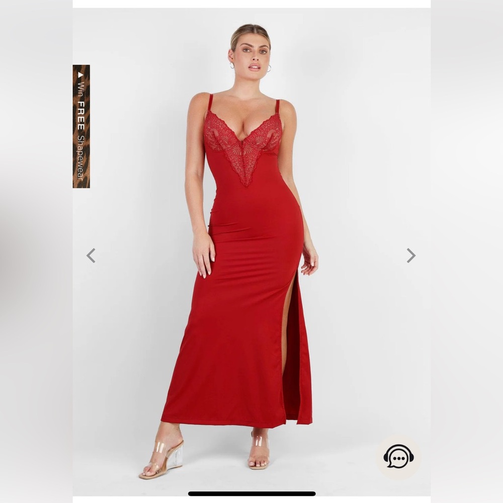 🆕POPILUSH Shapewear Lace V Neck Side Slit Slimming Maxi Slip Dress Red SMALL new